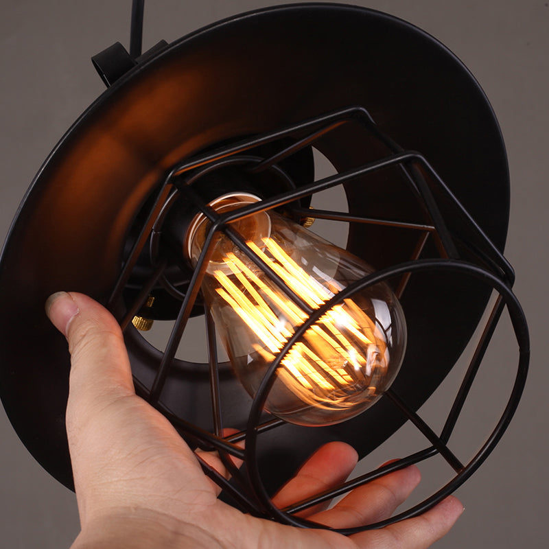 Luce a sospensione in gabbia in ferro battuto nero stile industriale a 1 lutto lampada a soffitto appesa con cavo regolabile da 39 "