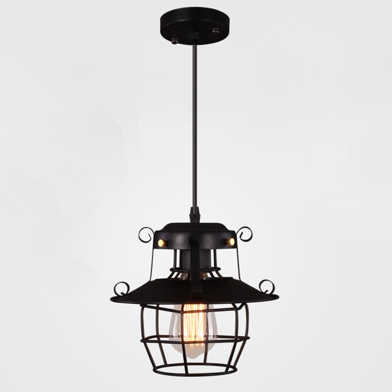 Luce a sospensione in gabbia in ferro battuto nero stile industriale a 1 lutto lampada a soffitto appesa con cavo regolabile da 39 "
