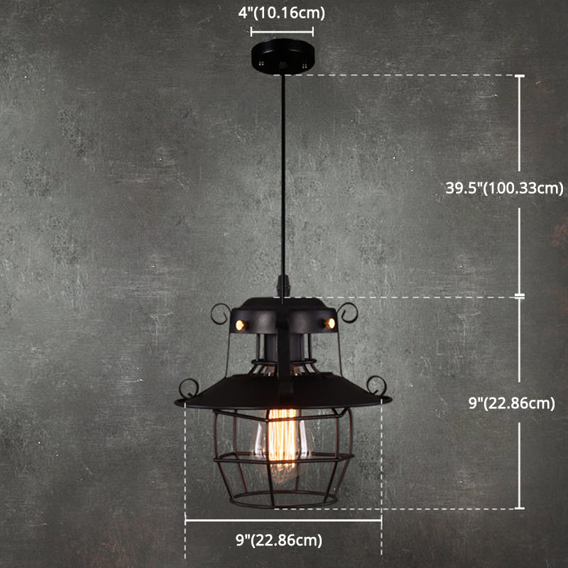 Luce a sospensione in gabbia in ferro battuto nero stile industriale a 1 lutto lampada a soffitto appesa con cavo regolabile da 39 "