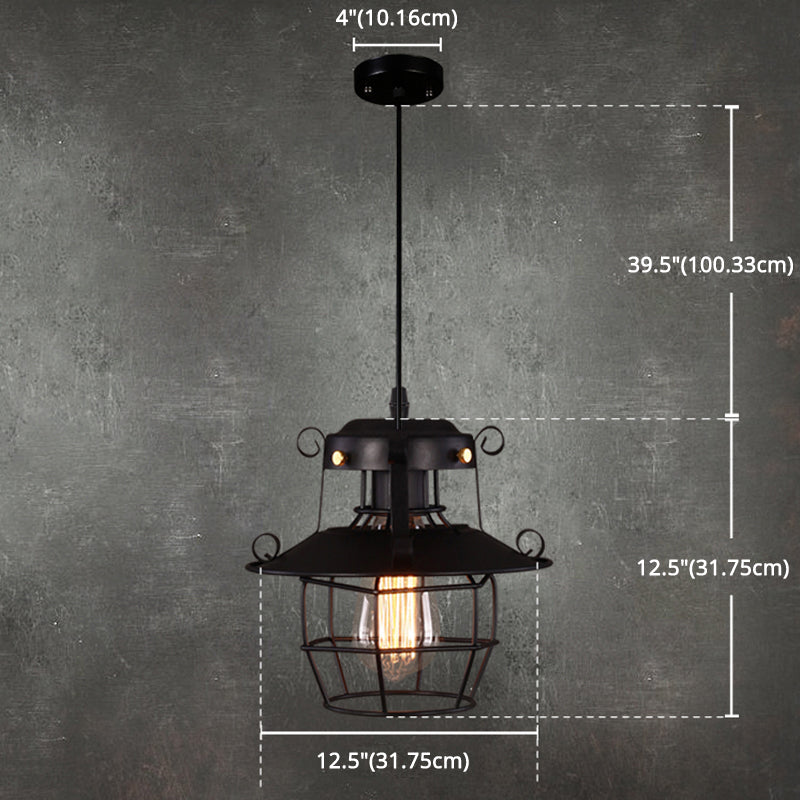 Luce a sospensione in gabbia in ferro battuto nero stile industriale a 1 lutto lampada a soffitto appesa con cavo regolabile da 39 "