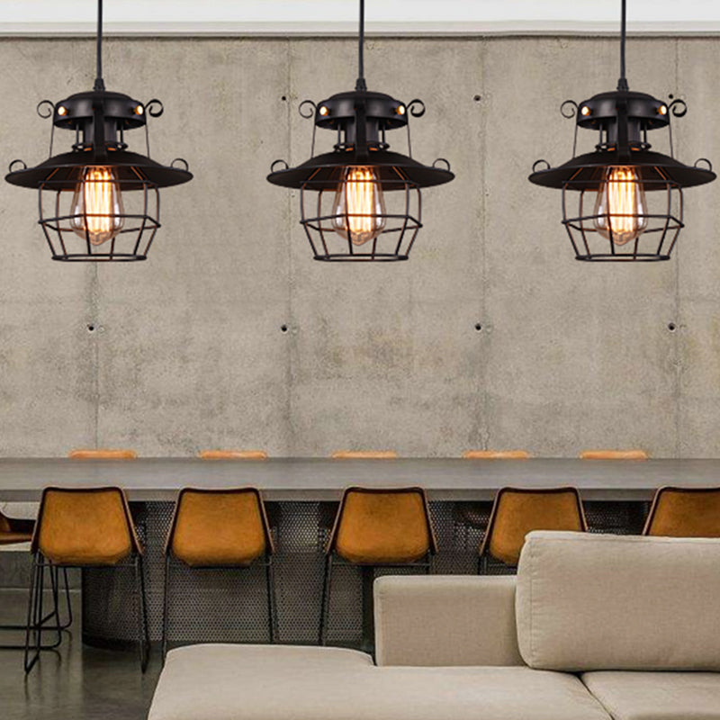 Luce a sospensione in gabbia in ferro battuto nero stile industriale a 1 lutto lampada a soffitto appesa con cavo regolabile da 39 "