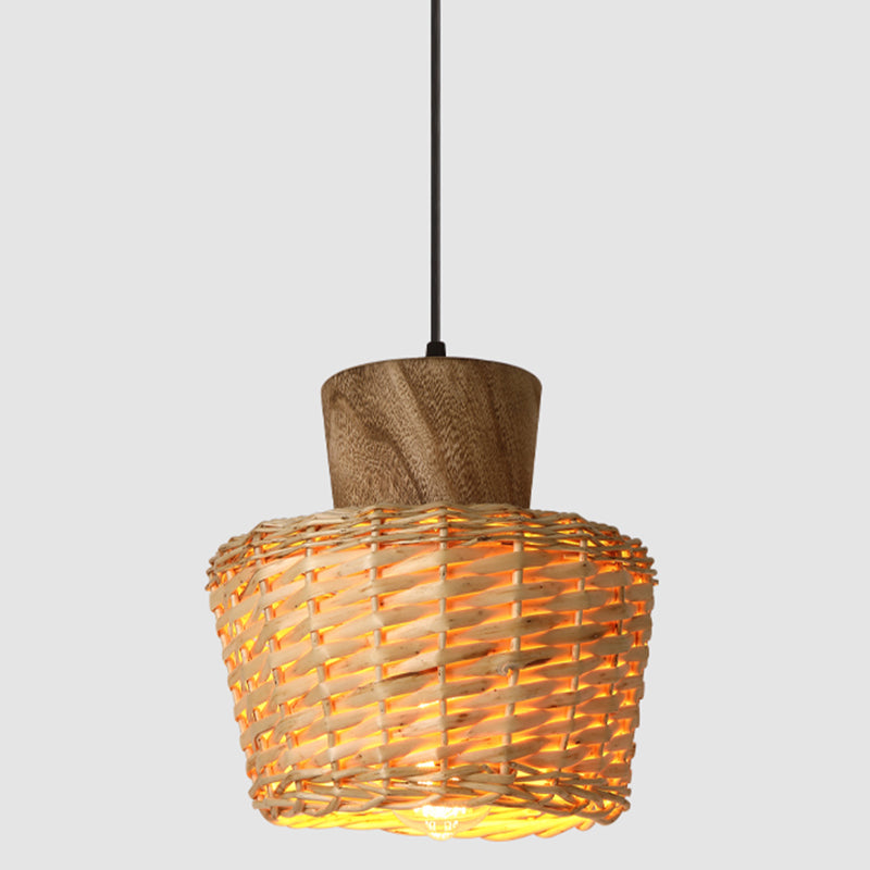 Asian Style Bamboo Weaving Pendant Light 1-Light Simplicity Wooden Hanging Lamp for Bedroom