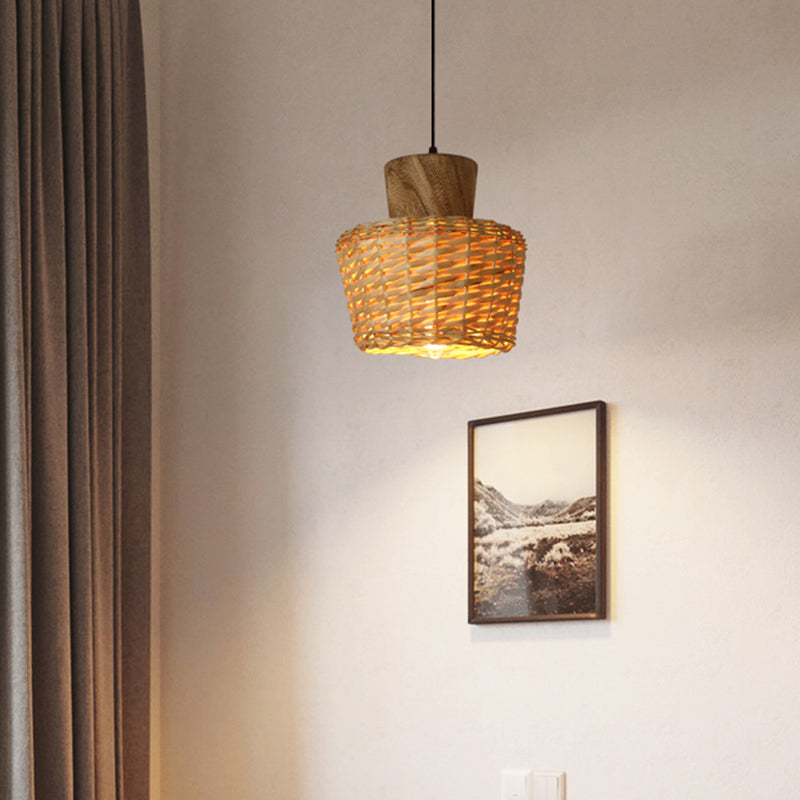 Asian Style Bamboo Weaving Pendant Light 1-Light Simplicity Wooden Hanging Lamp for Bedroom