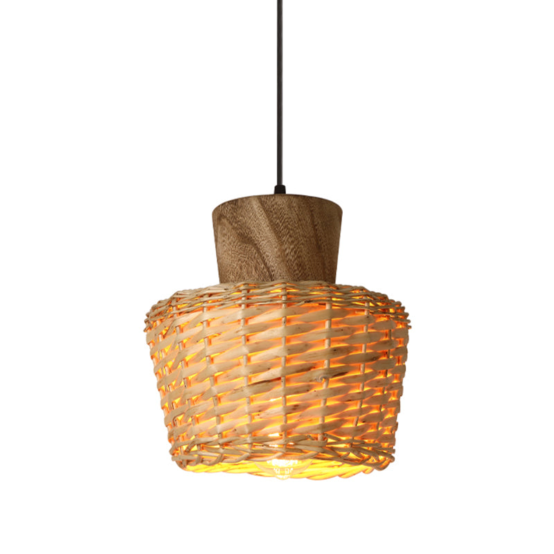 Asian Style Bamboo Weaving Pendant Light 1-Light Simplicity Wooden Hanging Lamp for Bedroom