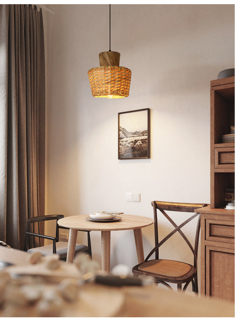 Lámpara colgante de tejido de bambú de estilo asiático Lámpara de madera de 1 linda para dormitorio