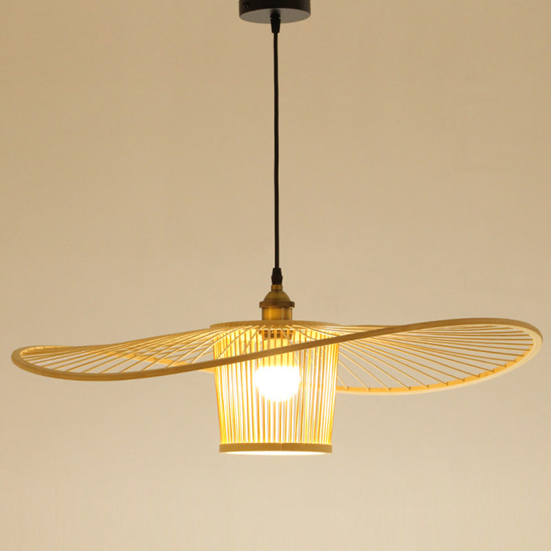 Fischermut -Hut geformte Holzbeleuchtung Bambus -Weben -Trommelschatten Einmals hängendes Licht für Esszimmer