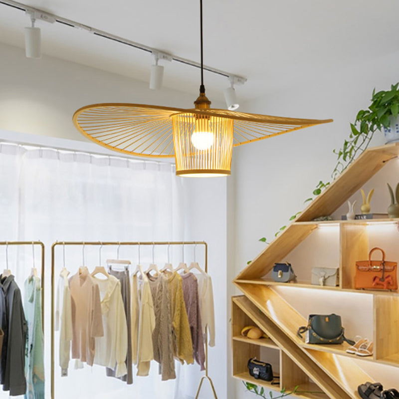 Fischermut -Hut geformte Holzbeleuchtung Bambus -Weben -Trommelschatten Einmals hängendes Licht für Esszimmer