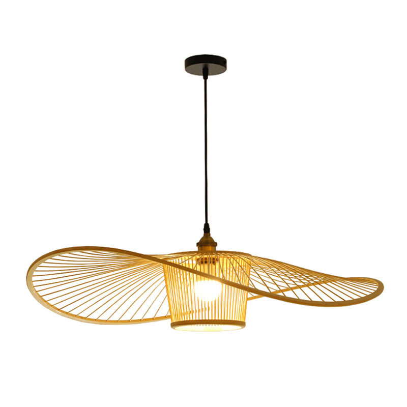 Fischermut -Hut geformte Holzbeleuchtung Bambus -Weben -Trommelschatten Einmals hängendes Licht für Esszimmer