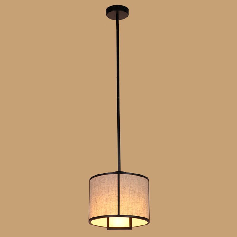 Single Light Fabric Drum Pendant Light Minimalist Living Room Hanging Light with 47" Carbon Steel Hanging Rod