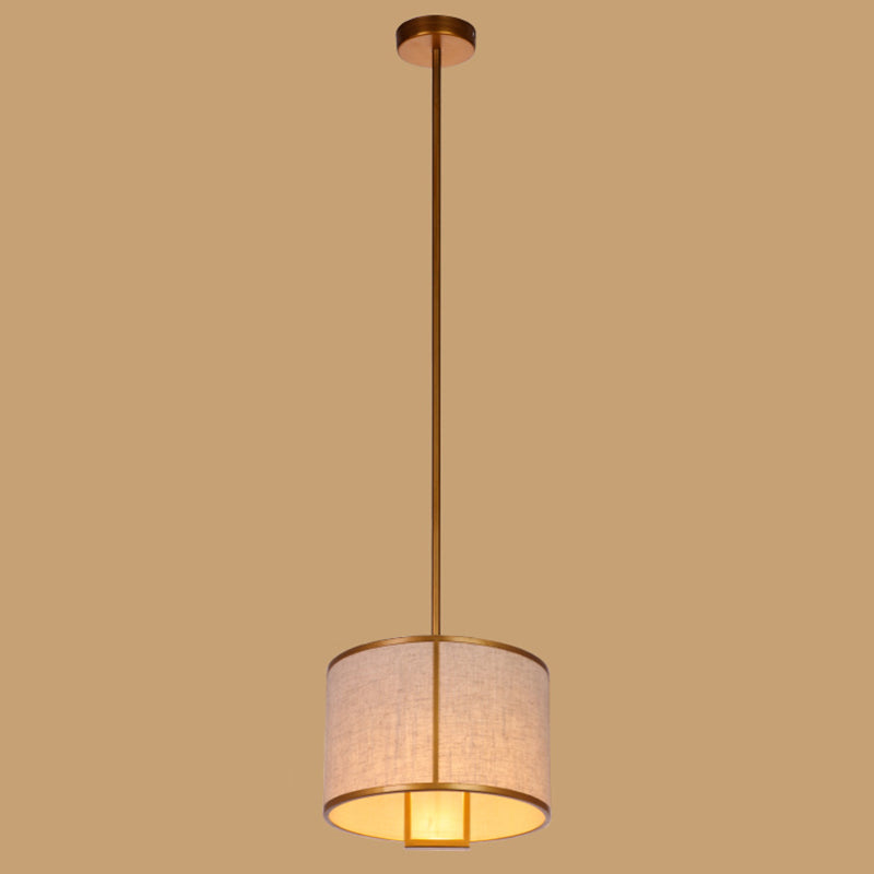 Single Light Fabric Drum Pendant Light Minimalist Living Room Hanging Light with 47" Carbon Steel Hanging Rod