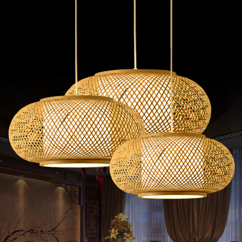 Bamboo & Rattan Weaving Drum Suspended Light Asian Style 1 Light Accent Pendant Lamp in Beige