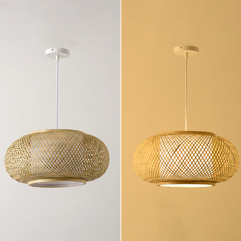 Bamboo & Rattan Weaving Drum Suspended Light Asian Style 1 Light Accent Pendant Lamp in Beige