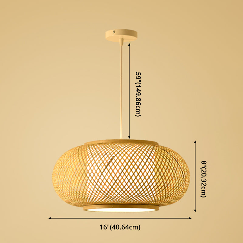 Bamboo & Rattan Weaving Drum Suspended Light Asian Style 1 Light Accent Pendant Lamp in Beige