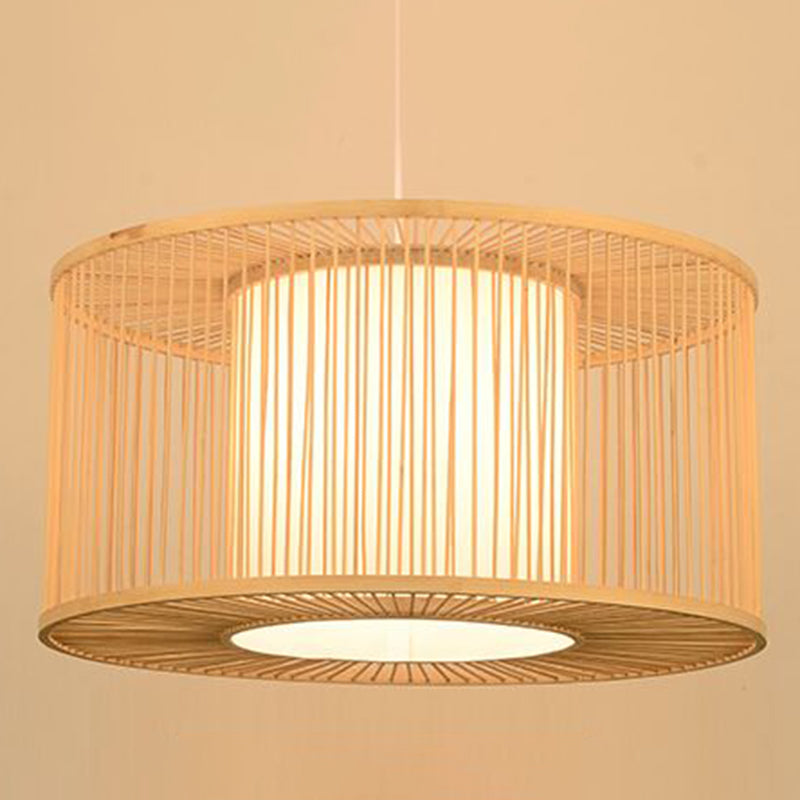 Asian Style Simplicity Hanging Light Bamboo & Imitation Sheepskin Double Shade 1 Light Pendant Lamp