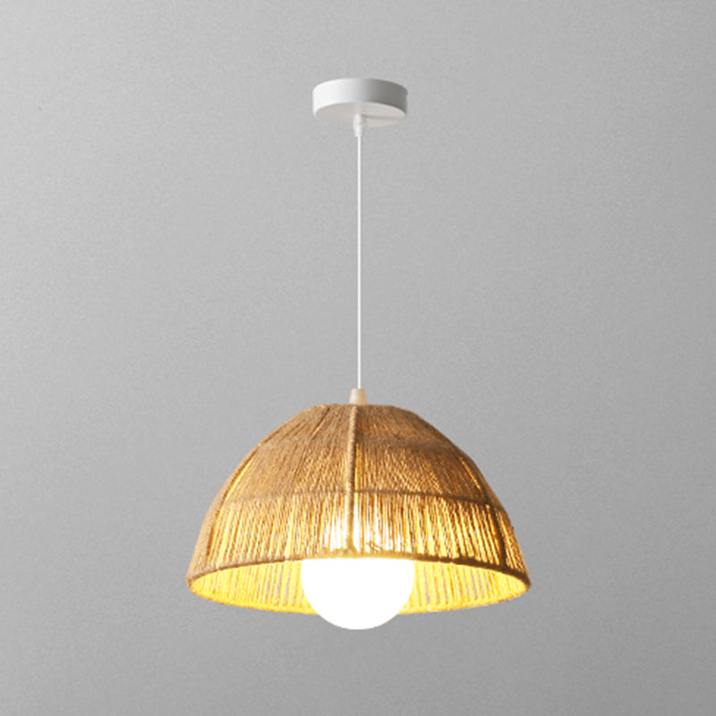 Single Light Dome Suspended Light Asian Style Rattan Decorative Lighting Fixture in Wood