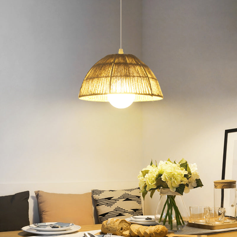 Single Light Dome Suspended Light Asian Style Rattan Decorative Lighting Fixture in Wood