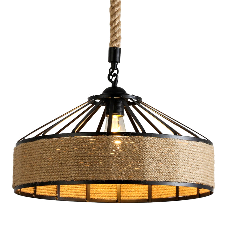 Wrought Iron Barn-Shaped Pendant Lighting Fixture Rural Hemp Rope Single Bulb Drop Lamp for Bar