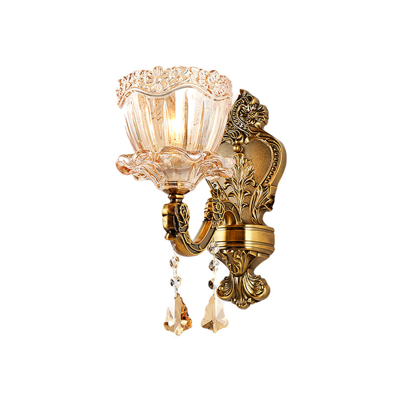 Amber Glass Flower Wall Light Fixture Modern 1/2 Heads Brass Sconce Light with K9 Crystal Drop
