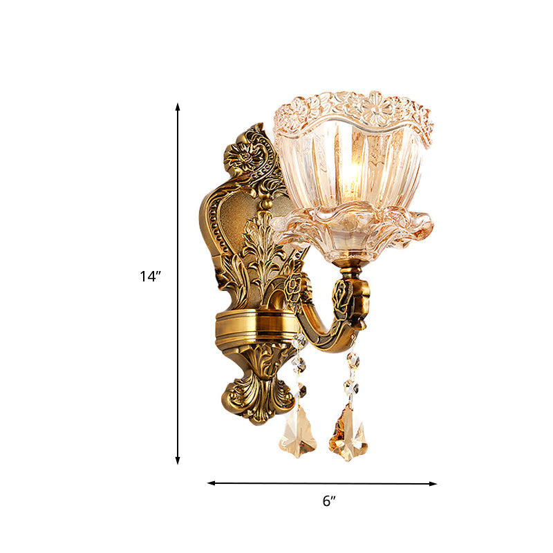 Amber Glass Flower Wall Light Fixture Modern 1/2 Heads Brass Sconce Light with K9 Crystal Drop