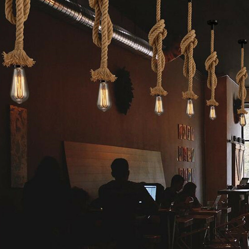 Single Light Hemp Rope Pendant Light Industrial Style Bare Bulb Coffee Shop Decorative Lighting Fixture