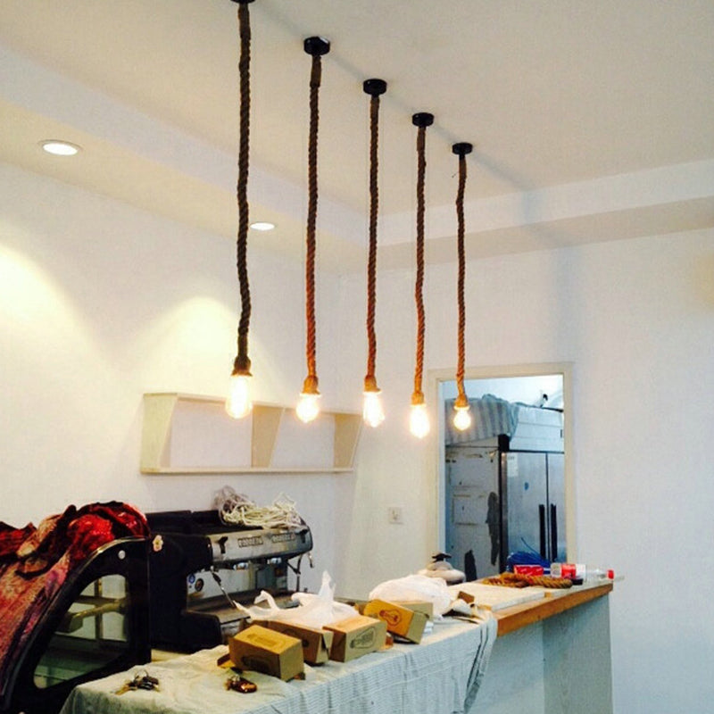 DIY Adjustable Hemp Rope Hanging Light Retro Industrial Single Bare Bulb Lighting Fixture for Bar Counter Farmhouse