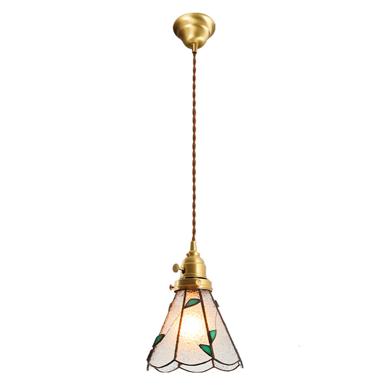 Stained Glass Shade Tiffany Hanging Light Brass Bedroom Mini Pendant Lamp with 63" Hanging Wire