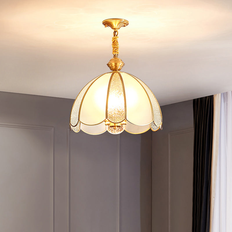 Elegant Dome Flower Shade Pendant Light Hammered Frosted Glass 1 Light Brass Hanging Light for Living Room