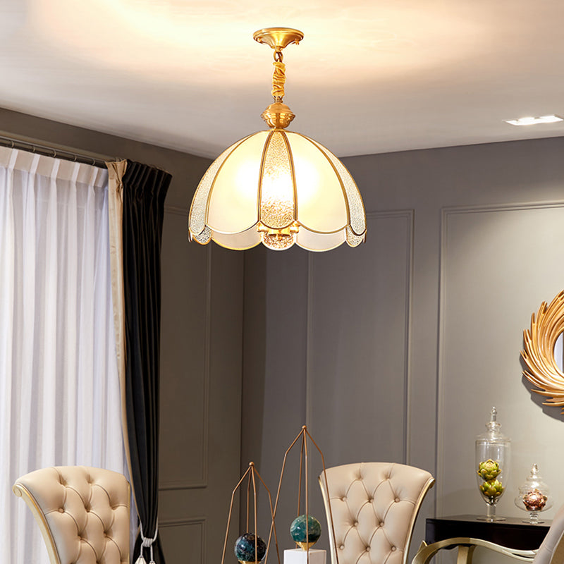 Elegant Dome Flower Shade Pendant Light Hammered Frosted Glass 1 Light Brass Hanging Light for Living Room