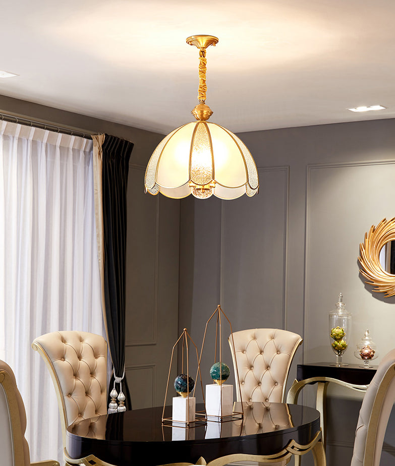 Elegant Dome Flower Shade Pendant Light Hammered Frosted Glass 1 Light Brass Hanging Light for Living Room