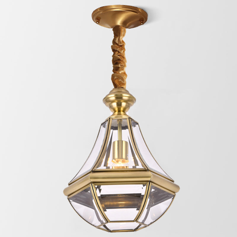 Colonial Style Brass Hanging Light Glass Jar Shade Single Bulb Decorative Pendant Lighting Fixture for Bedroom