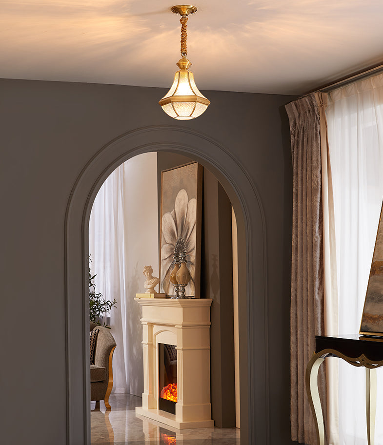 Estilo colonial latón colgante jarro de vidrio claro tono de bombilla individual accesorio de iluminación colgante decorativa para dormitorio