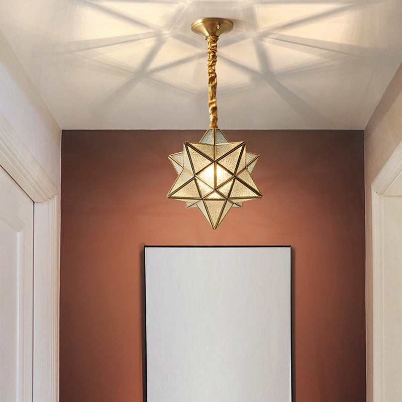 Vintage Brass Hanging Light Star Shade 1 Light Glass Pendant Lamp with Adjustable Chain for Hallway