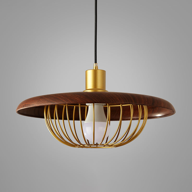 Luce a sospensione in legno in stile moderno con lampada a sospensione del paralume a gabbia in metallo dorato per caffetteria