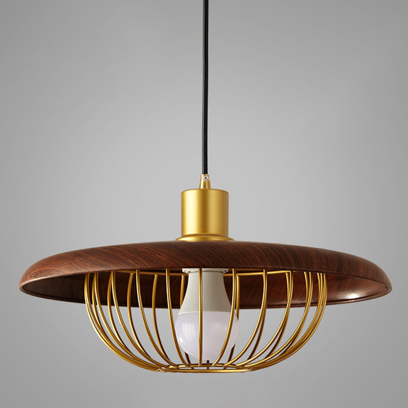 Luce a sospensione in legno in stile moderno con lampada a sospensione del paralume a gabbia in metallo dorato per caffetteria