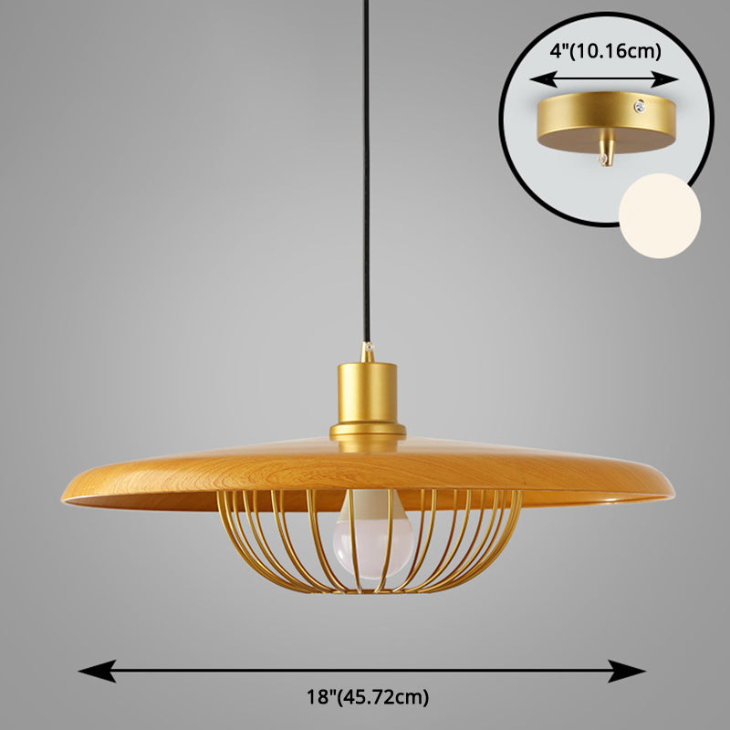 Moderne stijl houten hanglamp met gouden metalen kooi lampenkap enkele lamp hanglamp voor coffeeshop