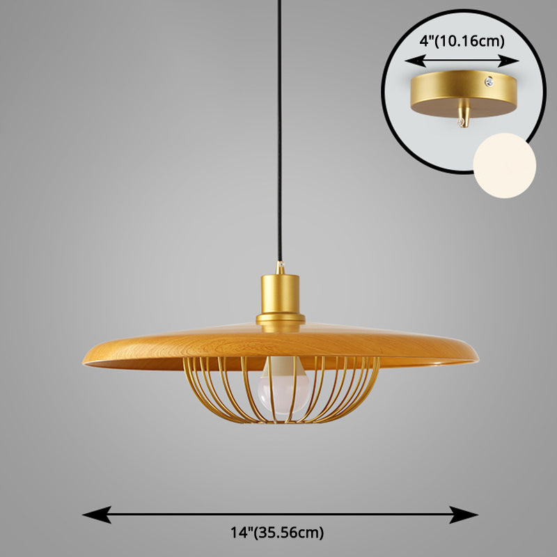 Modern Style Wooden Pendant Light with Golden Metal Cage Lampshade Single Bulb Hanging Lamp for Coffee Shop
