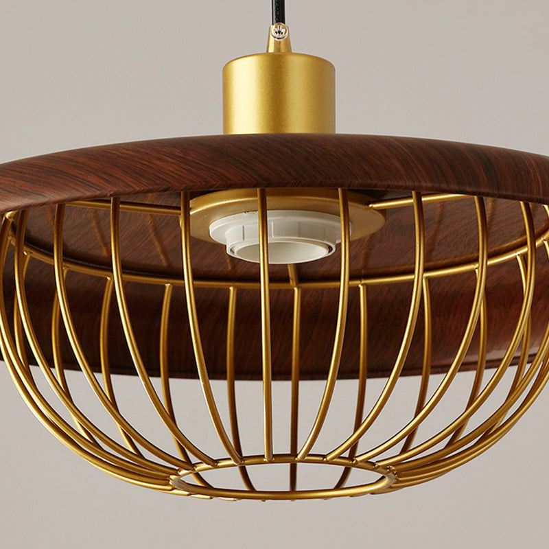 Luce a sospensione in legno in stile moderno con lampada a sospensione del paralume a gabbia in metallo dorato per caffetteria