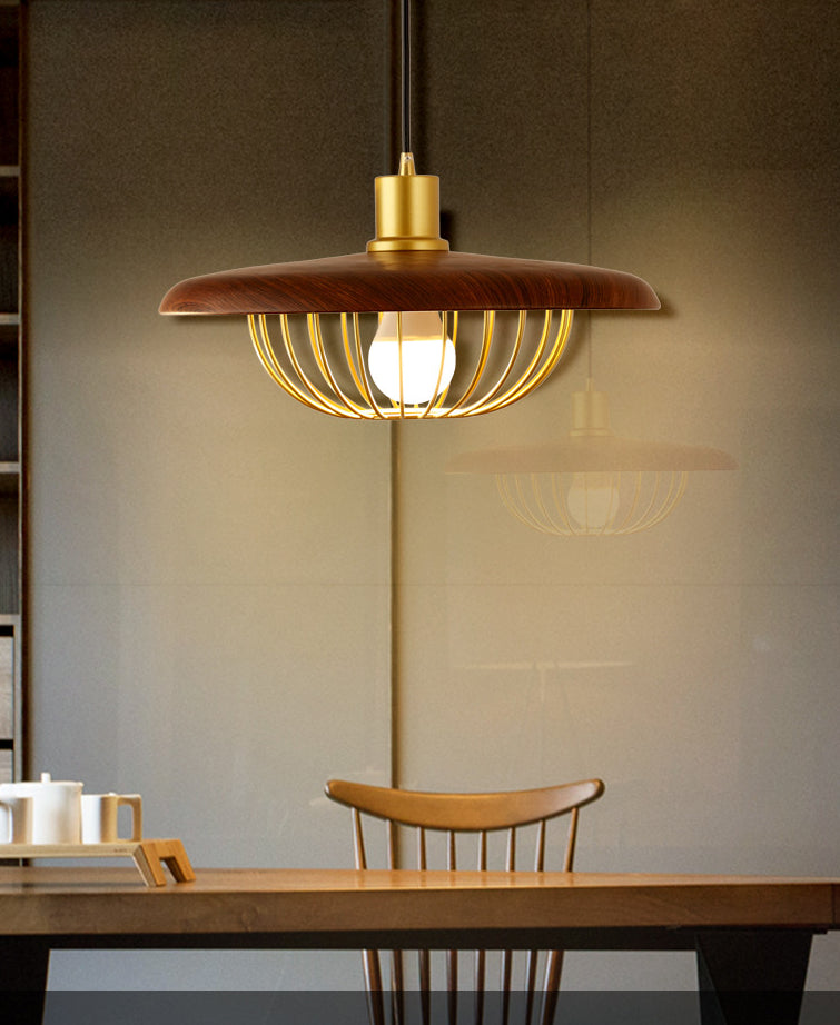 Modern Style Wooden Pendant Light with Golden Metal Cage Lampshade Single Bulb Hanging Lamp for Coffee Shop