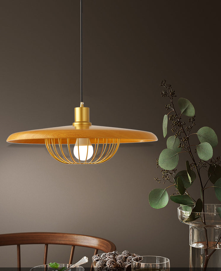 Luce a sospensione in legno in stile moderno con lampada a sospensione del paralume a gabbia in metallo dorato per caffetteria