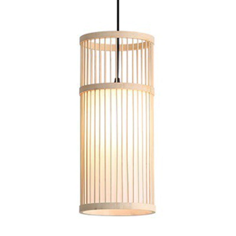 Wood Cage Hanging Light Chinese Style 1 Bulb Bamboo Weaving Lighting Fixture for Restaurant