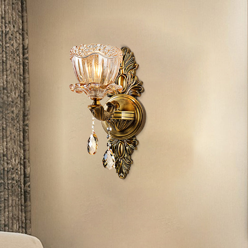 Modern Floral Shape Sconce Light Amber Glass 1/2 Heads Living Room Wall Mount Light with Teardrop Crystal Drop in Brass