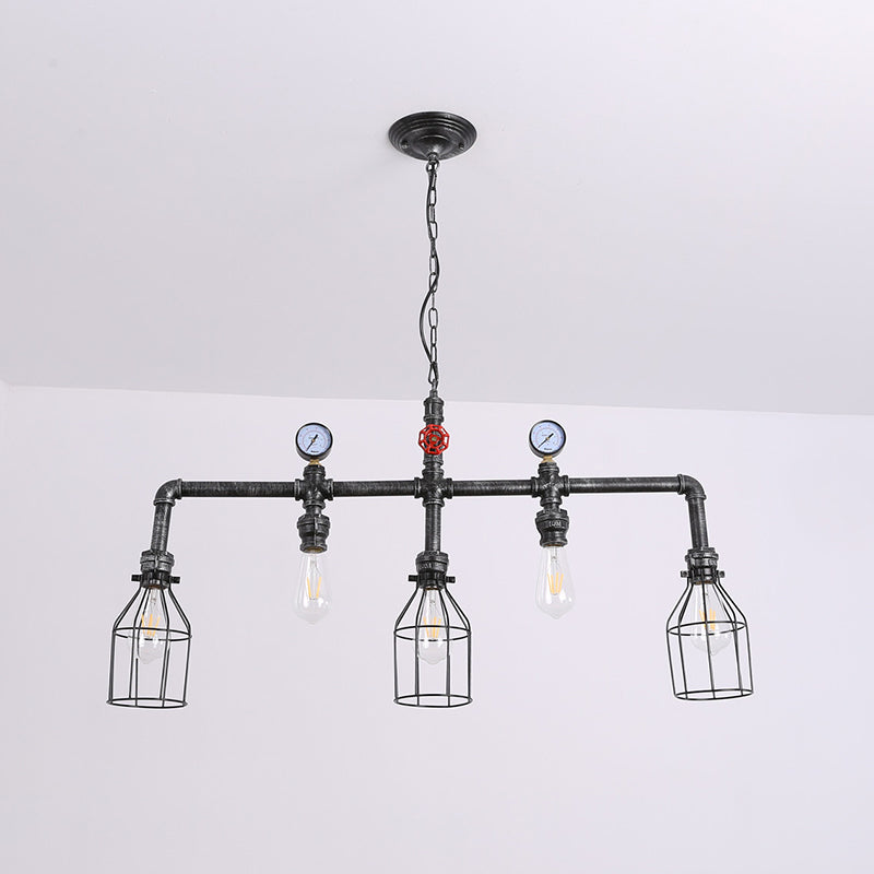 Pipe and Gauge Metal Island Lighting Industrial 5 Lights Restaurant Suspension Light with Cage in Black