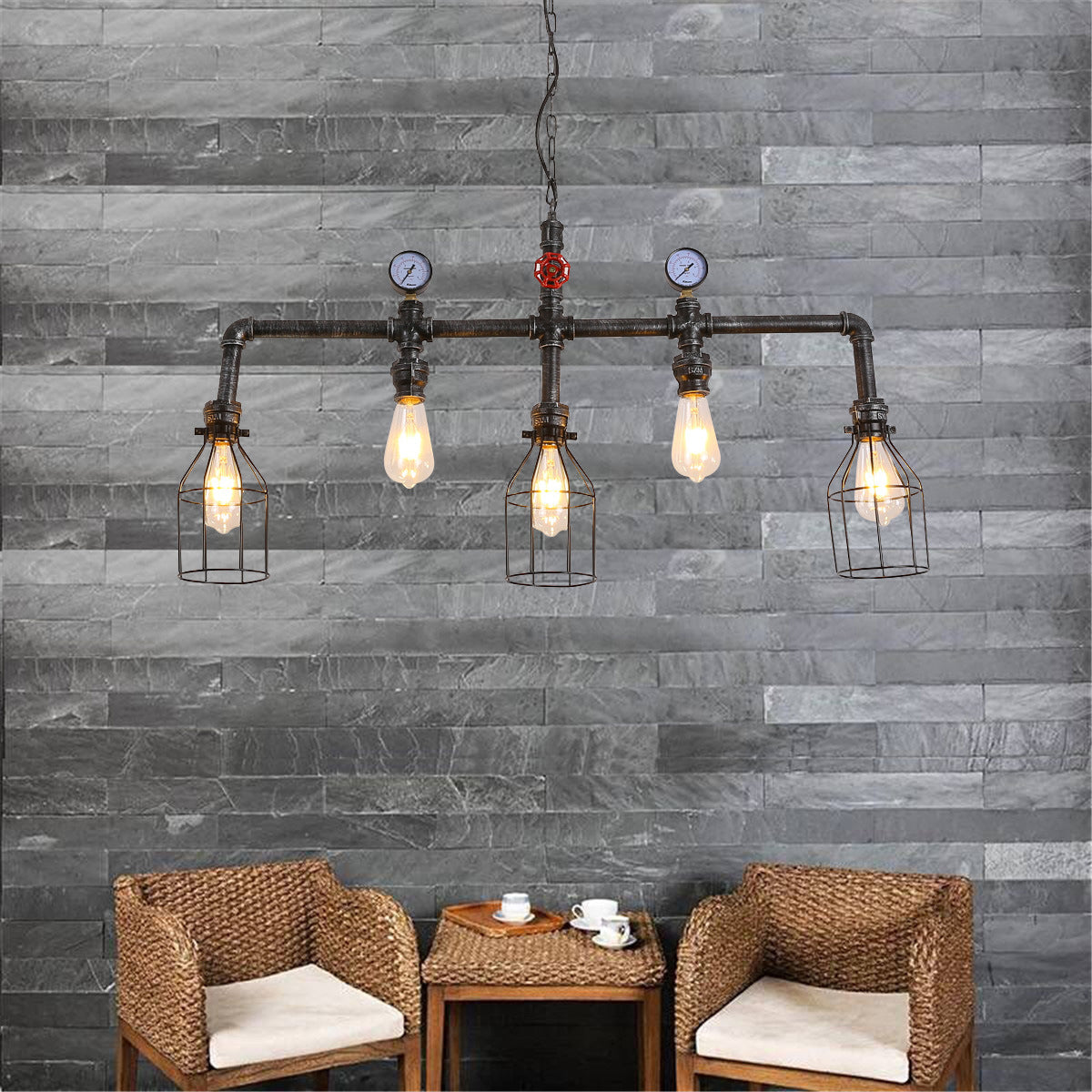 Pipe and Gauge Metal Island Lighting Industrial 5 Lights Restaurant Suspension Light with Cage in Black