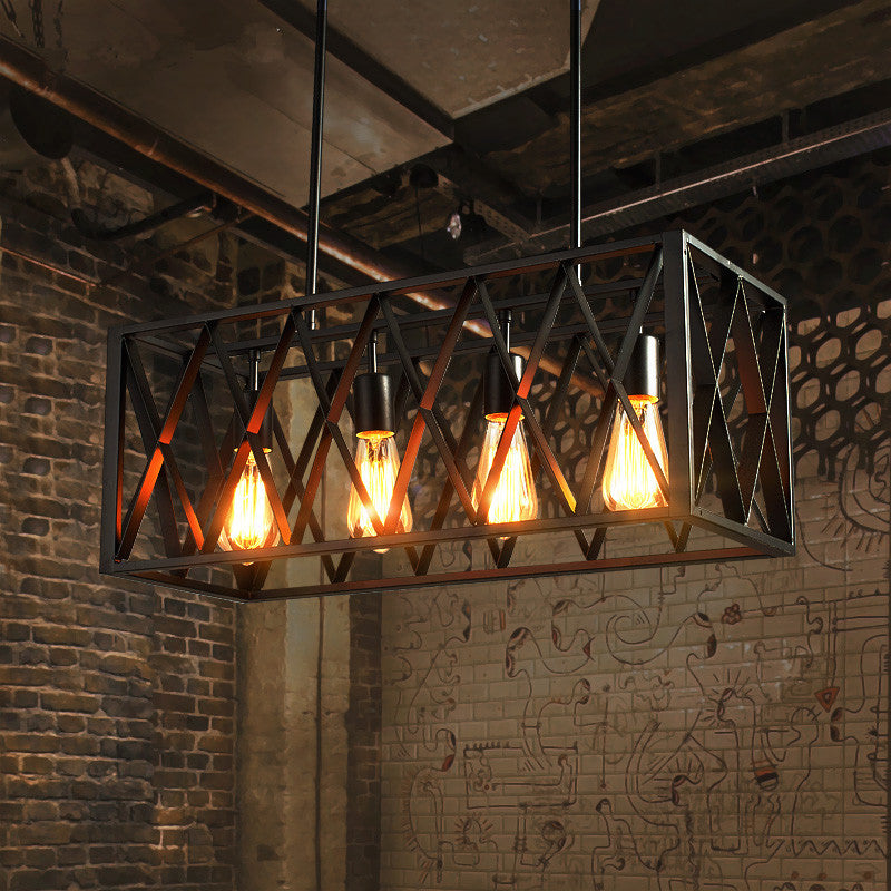 Rectangular Island Light Industrial Style Black Ironwork Pendant Lighting for Bar