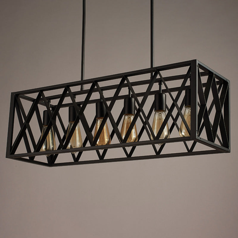 Rectangular Island Light Industrial Style Black Ironwork Pendant Lighting for Bar