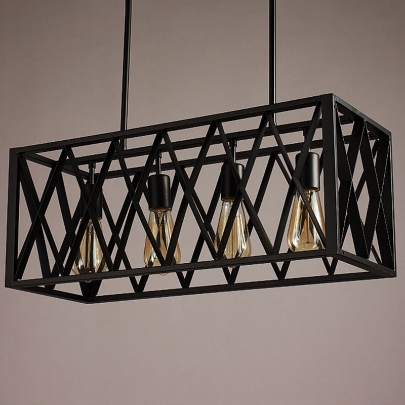 Rectangular Island Light Industrial Style Black Ironwork Pendant Lighting for Bar