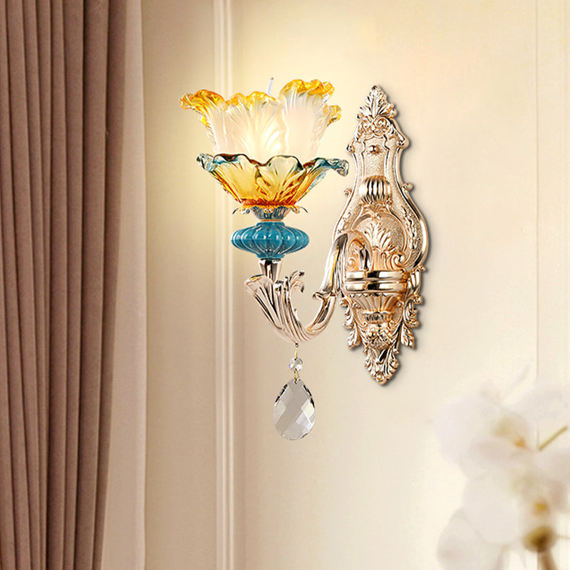 Flower Wall Light Fixture Modernism Amber and Blue Glass 1/2 Heads Brass Sconce Light