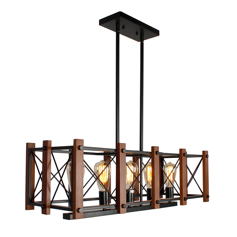 5 Lights Pendant Light Industrial Rectangular Cage Metal Island Lighting in Black