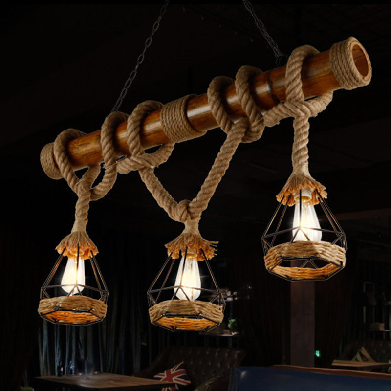 3-Light Hemp Rope Island Pendant Countryside Beige Shaded Restaurant Suspension Light