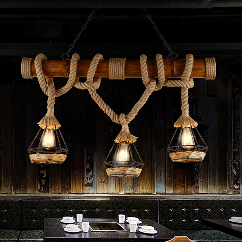3-Light Hemp Rope Island Pendant Countryside Beige Shaded Restaurant Suspension Light